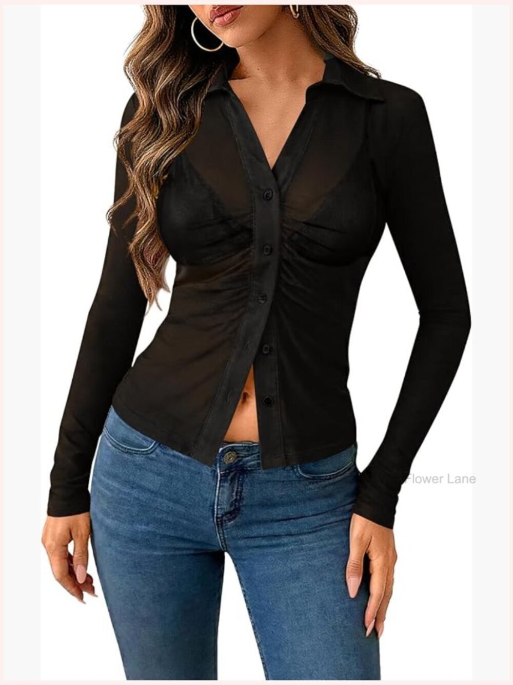 Sheer V-Neck Button Down Long Sleeve Ruched Fitted Blouse